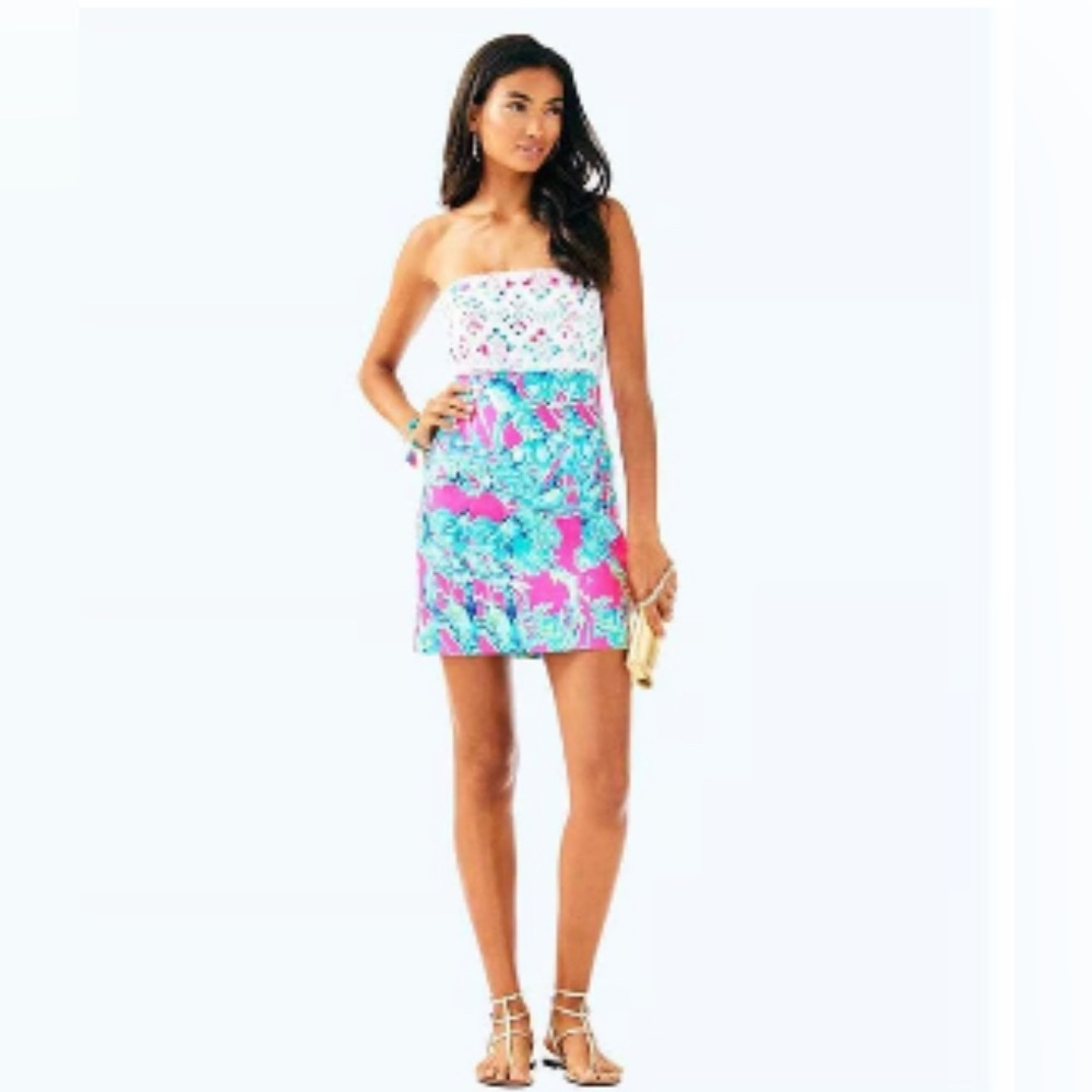 LILLY PULITZER Brynn Strapless Dress Sz 12 Lobsters in Love Razz Lace Shift